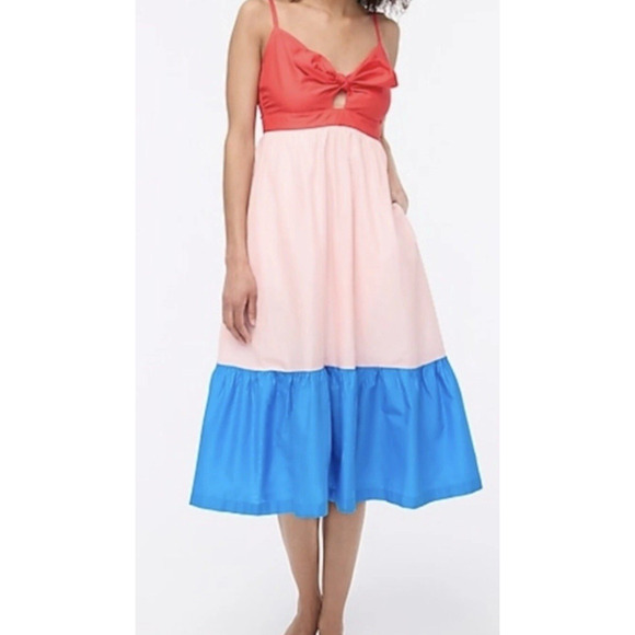 J.CREW Dresses & Skirts - J Crew Size‎ 8 Color Block Tiered Midi Dress V Neck Blue Pink Red Preppy
